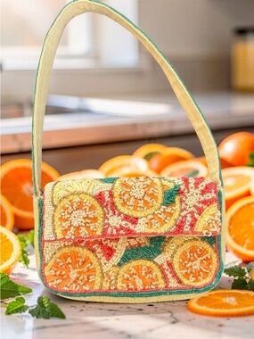 Anthropologie Beaded Citrus Shoulder Bag - Orange, Yellow, Green